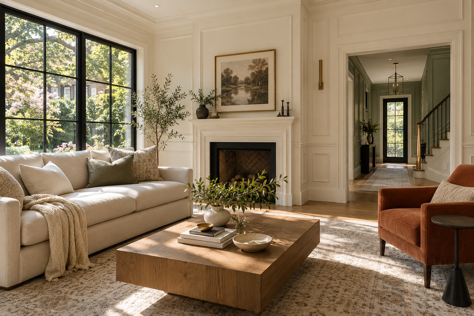 Warm ivory living room with classic wall moulding